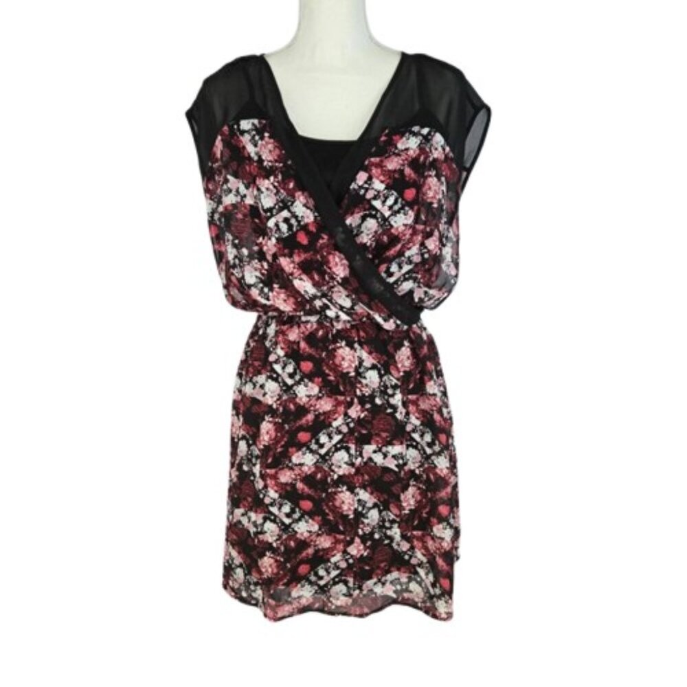 Women’s Floral Chiffon Dress Mesh Overlay Surplice V-Neck Size Small